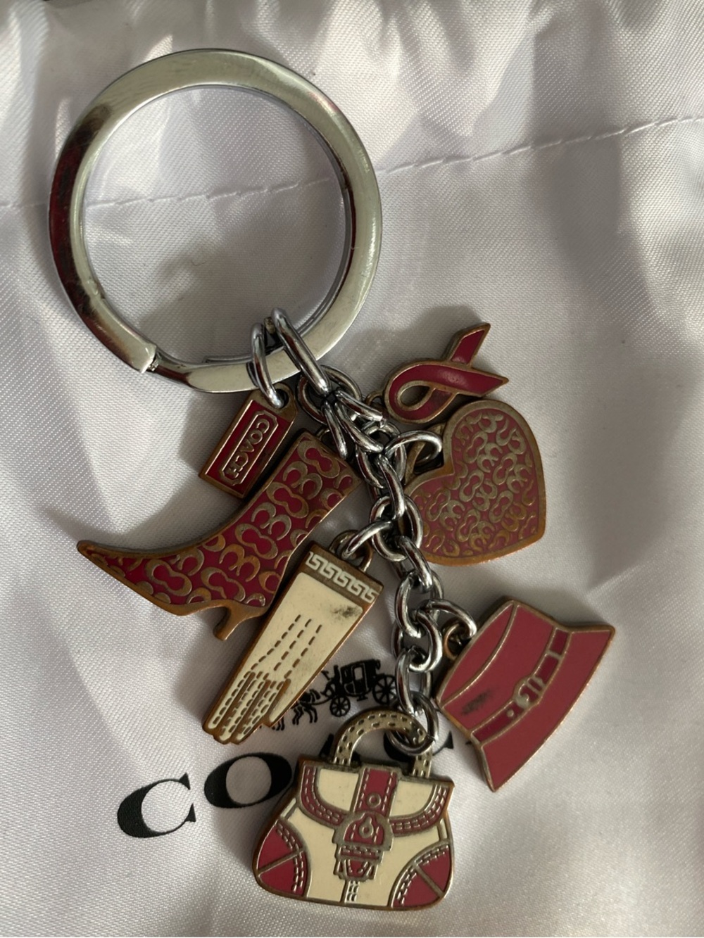 Coach Multi-Charm Enamel Key Ring in Pink,Cream & Silver